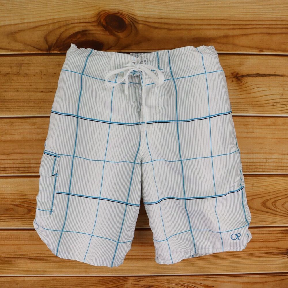 OP‎ Ocean Pacific Swim Trunks Mens M White Gray Stripes Checks Drawstring Pocket